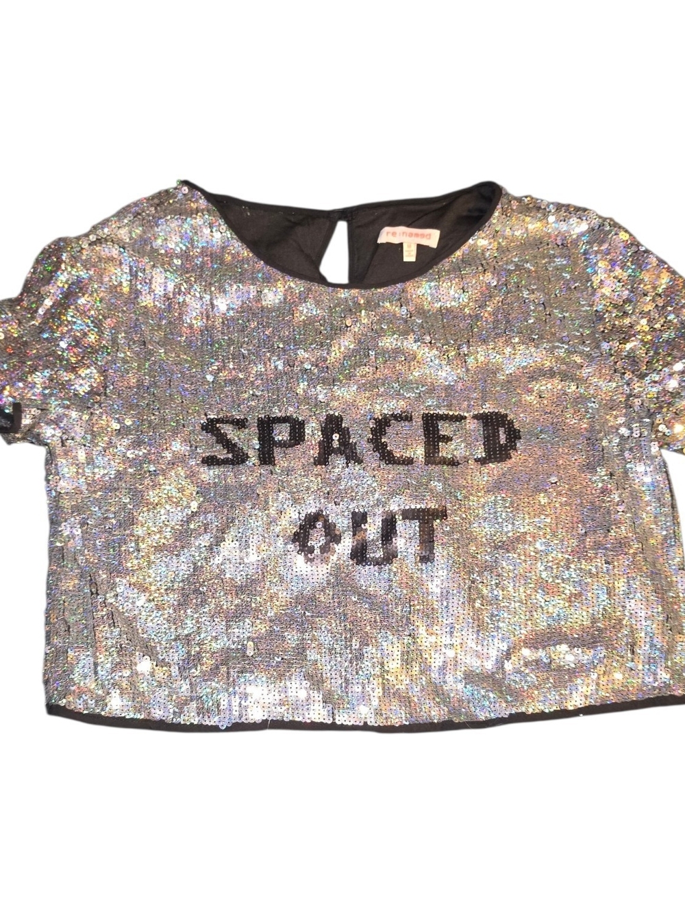 Spaced Out Holographic Sequin Crop Top Size M Silver Festival